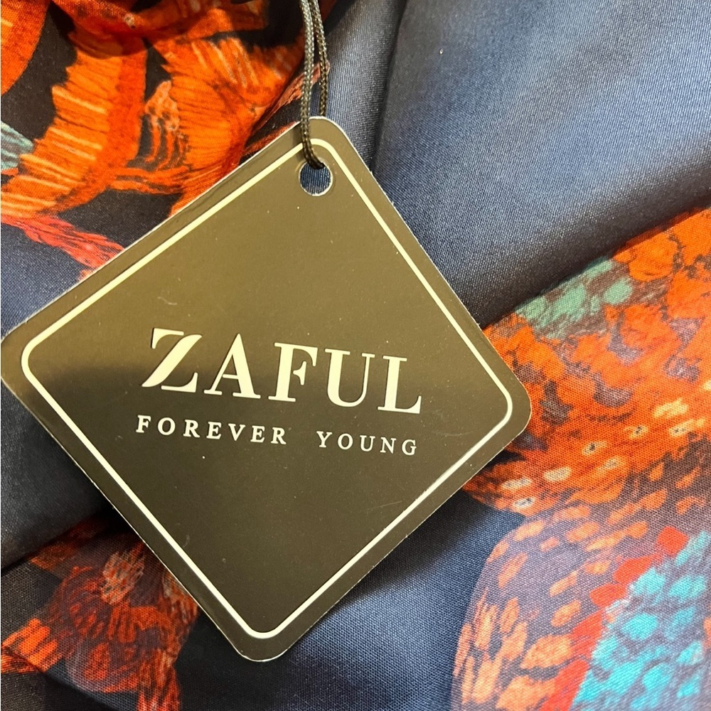 Zaful Navy and Orange Floral Long Sleeve Dress - Picture 2 of 2